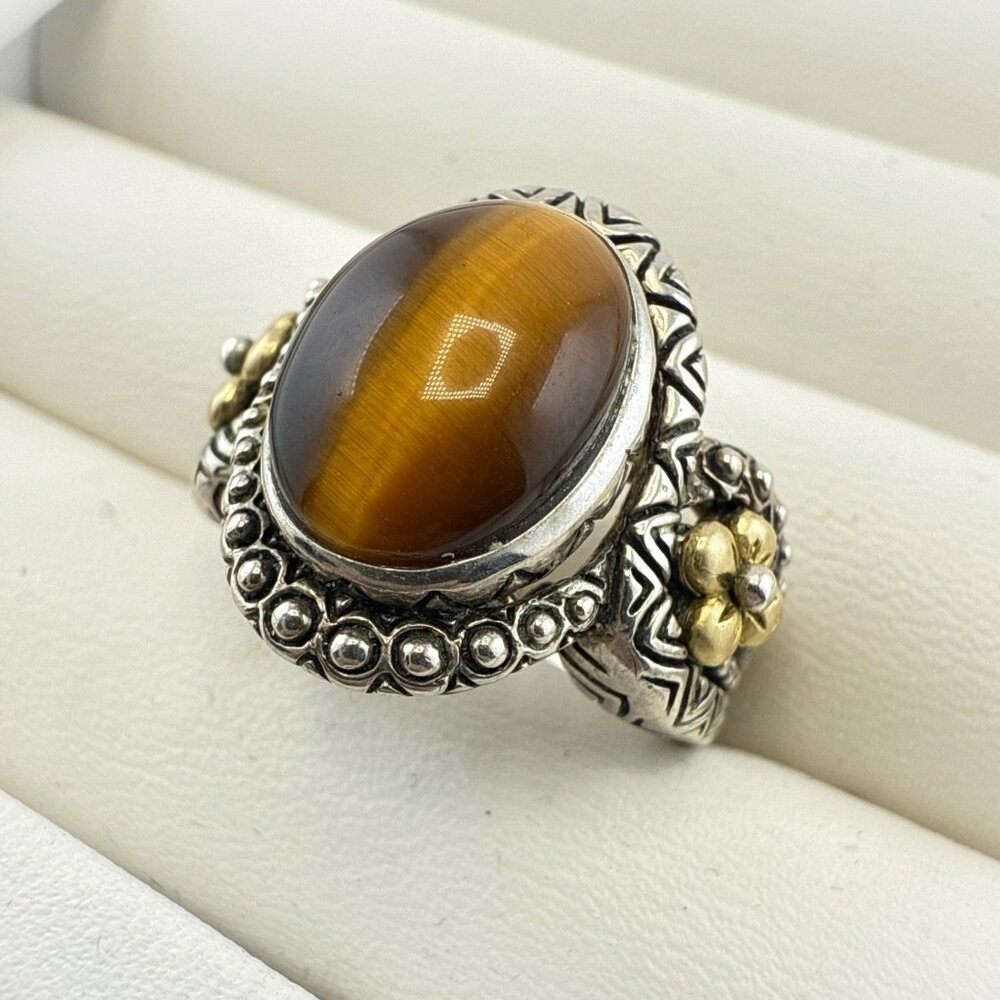 Barbara Bixby Ring Sterling Silver 18K Gold Tigers Eye Size 8 Floral Oval